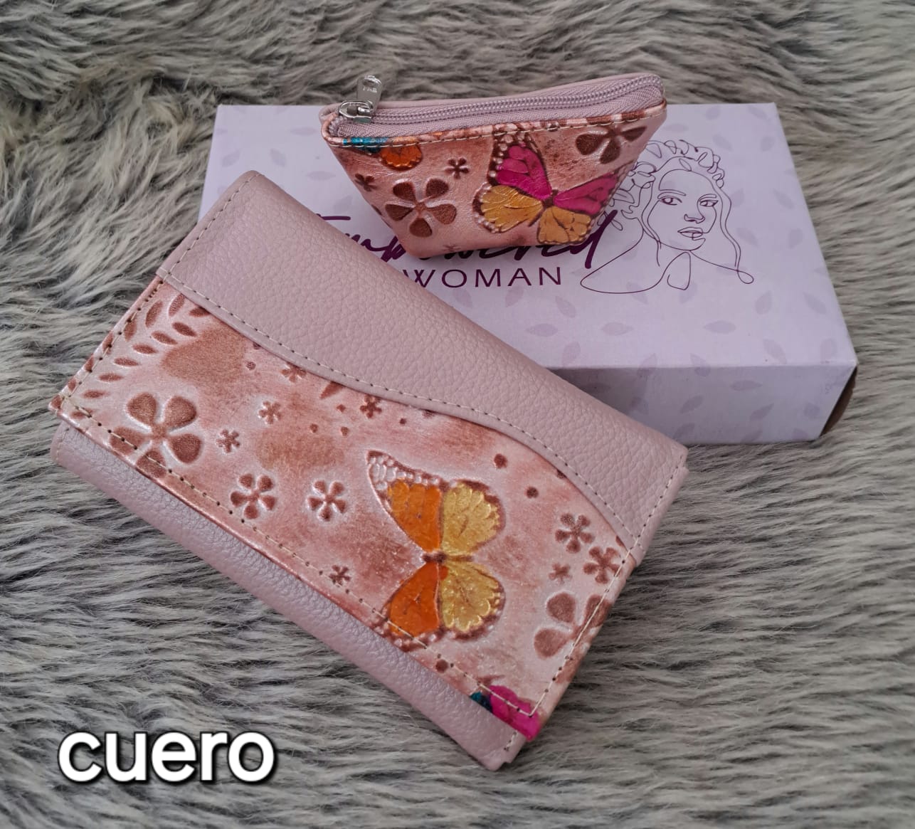 Billetera y monedero de cuero estampado para dama - Tono rosado