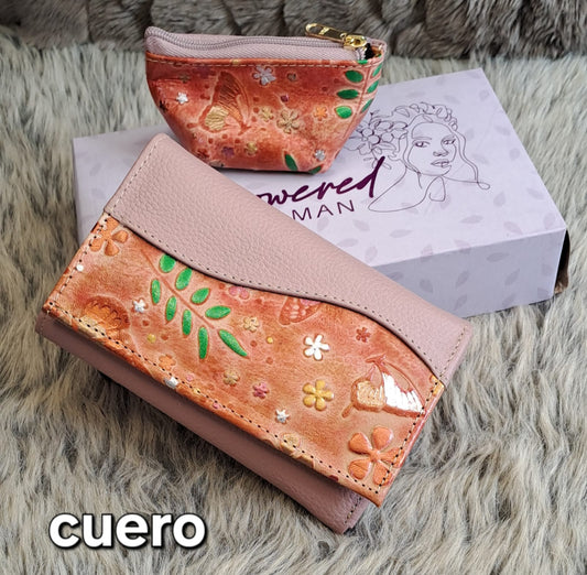 Billetera y monedero de cuero estampado para dama - Tono coral