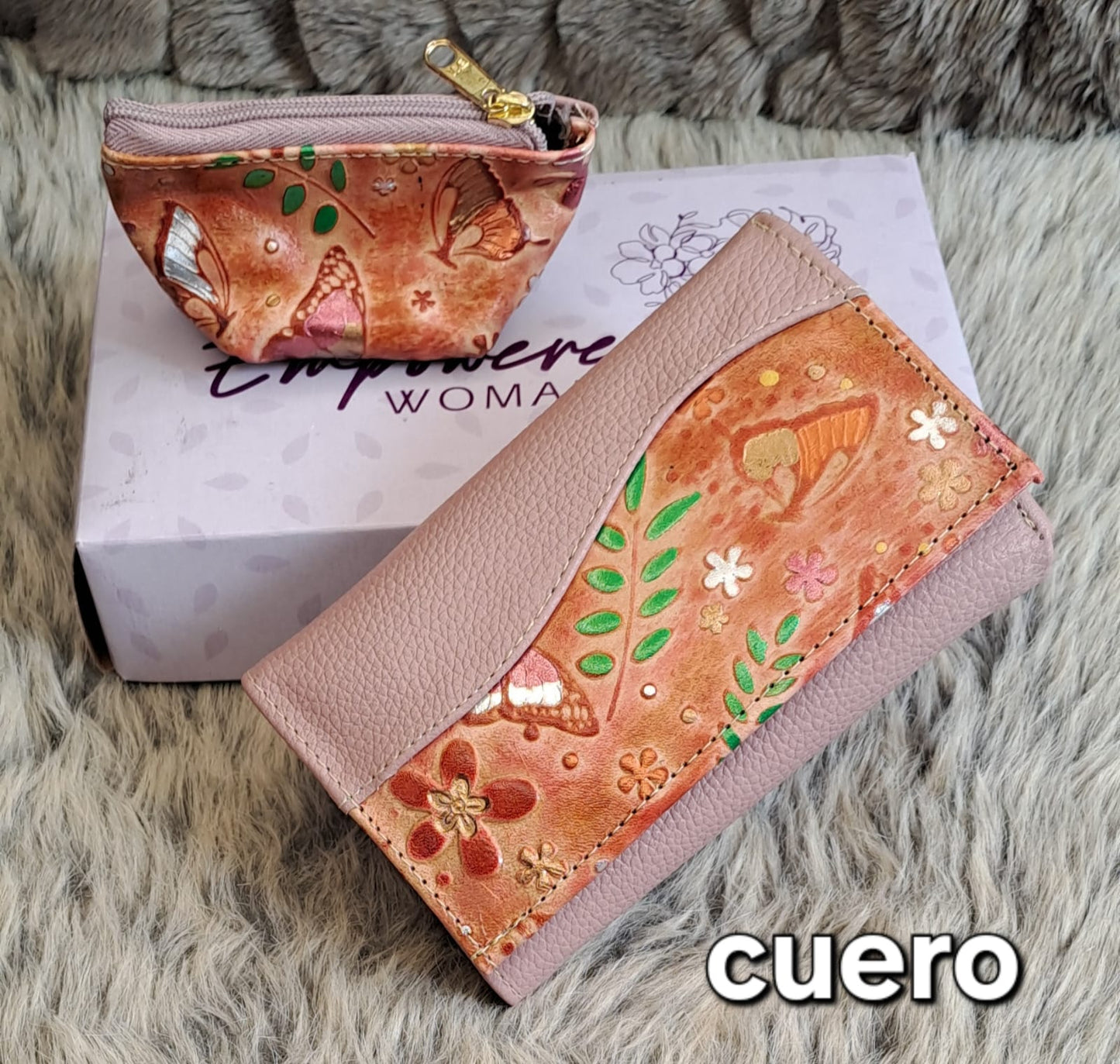 Billetera y monedero de cuero estampado para dama - Tono coral