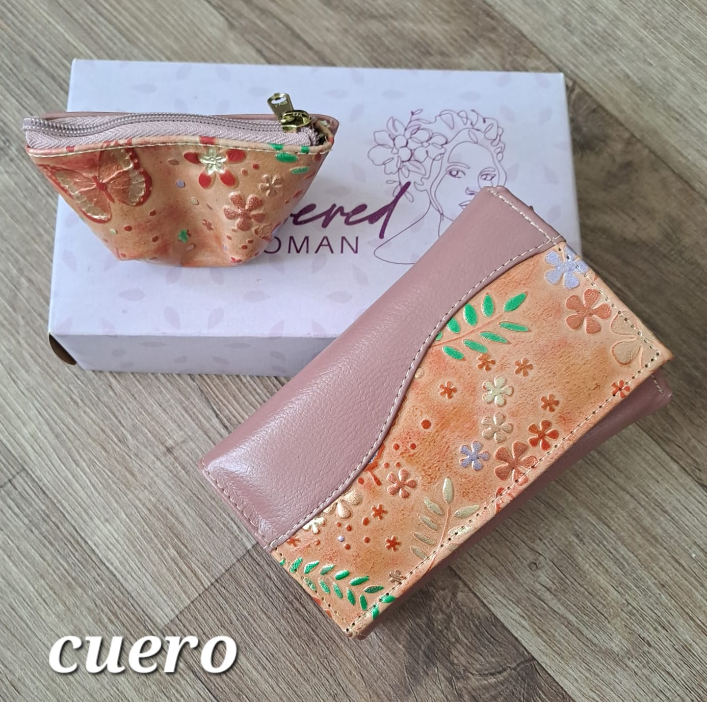 Billetera y monedero de cuero estampado para dama - Tono coral