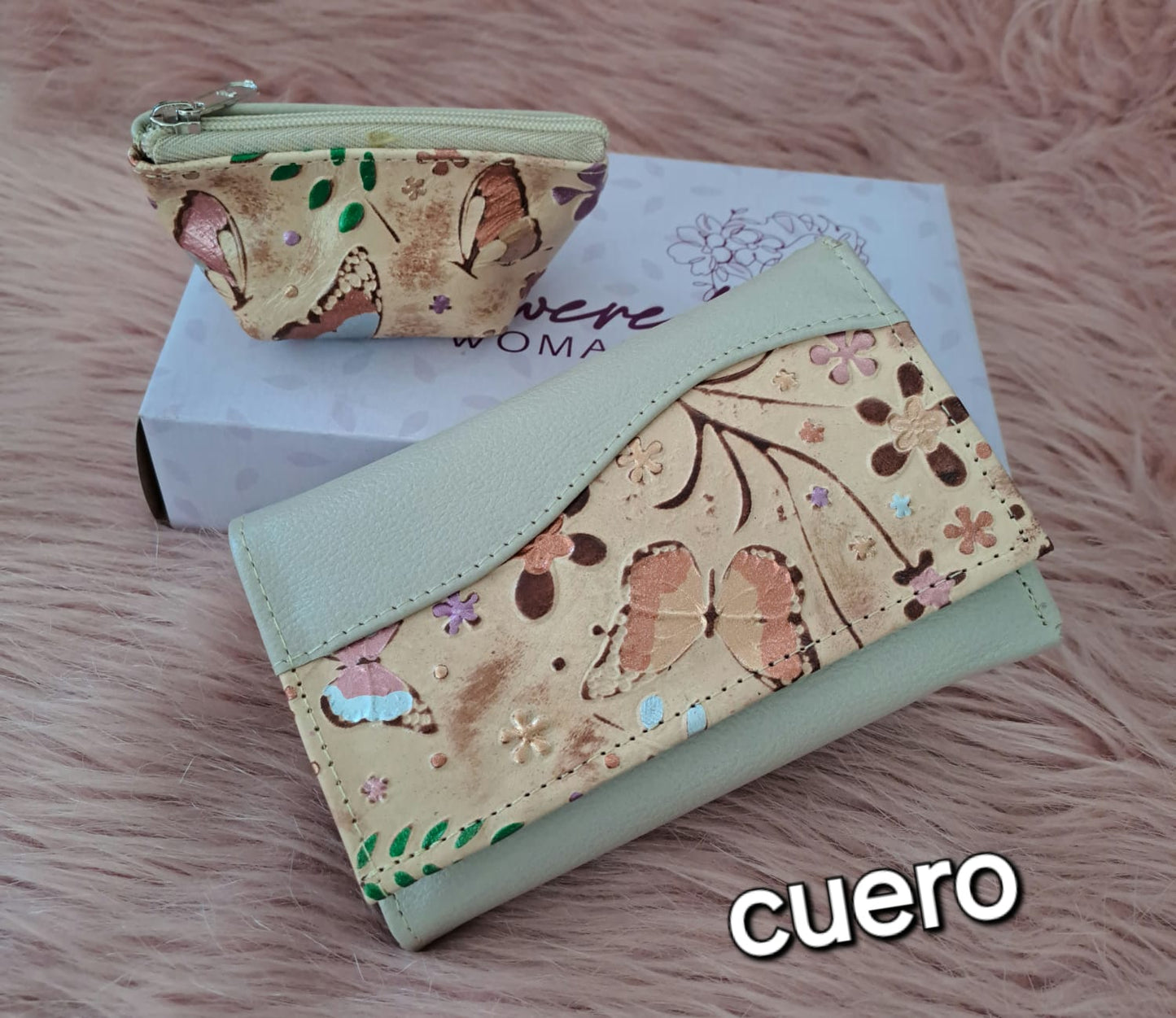 Billetera y monedero de cuero estampado para dama - Tono crema