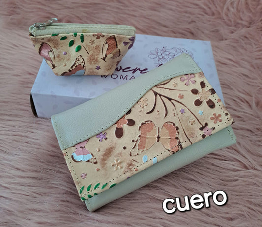 Billetera y monedero de cuero estampado para dama - Tono crema