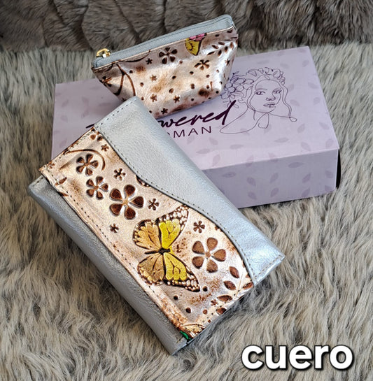 Billetera y monedero de cuero estampado para dama - Tono plateado