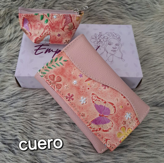 Billetera de cuero estampado para dama - Mariposas rosas