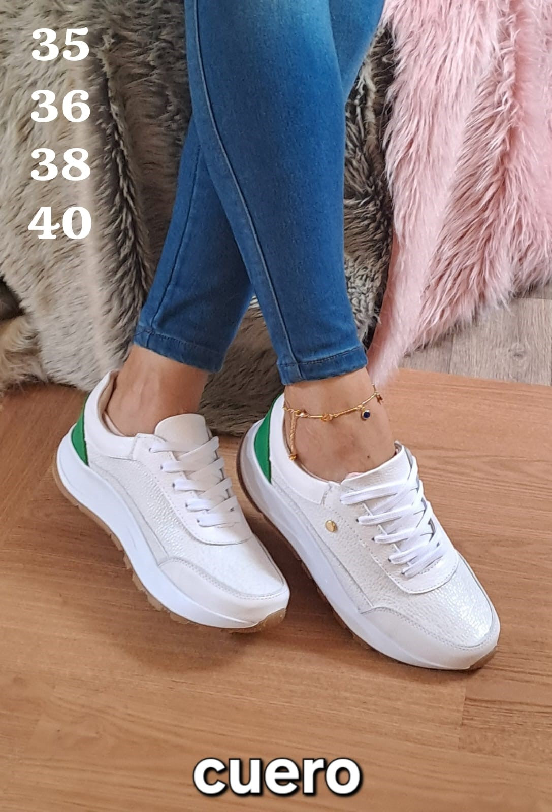 Tenis Deportivos en Cuero - Blanco con Detalles Verdes